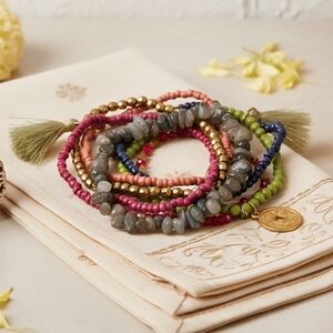 Artisanal Indian Boho Colorful Beaded Bracelet Set With Tassels & Gold Charm